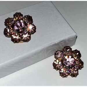 Hobe Earrings Pink Crystals Vintage AB Surrounding Clip On Stunning Glamour Deco